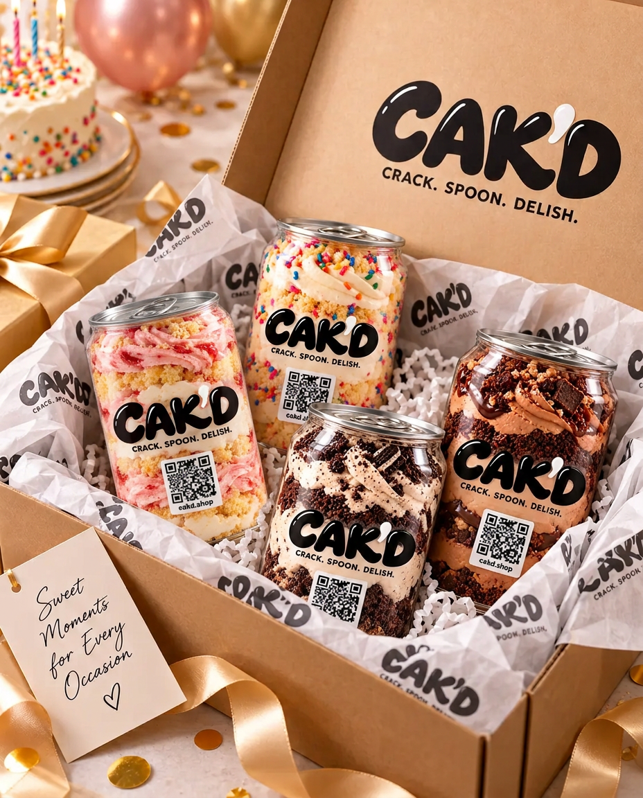 A CAK'D gift box holding four cans in branded tissue paper with a handwritten card