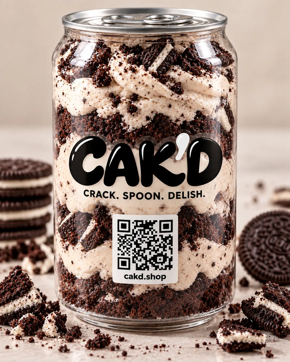 CAK'D Cookies & Cream in a clear pull-tab can with cookie crumble and cream frosting