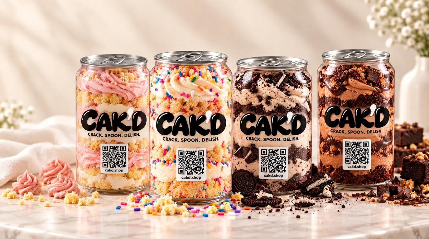 Four CAK'D cans lined up — strawberry shortcake, birthday cake, cookies and cream, and chocolate fudge crunch